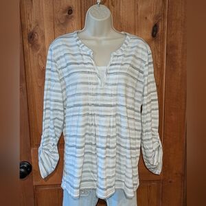 Basic Editions White and Gray Striped Blouse